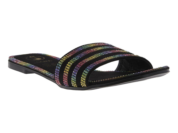 Sandalia negra para mujer con tiras horizontales multicolores brillantes.