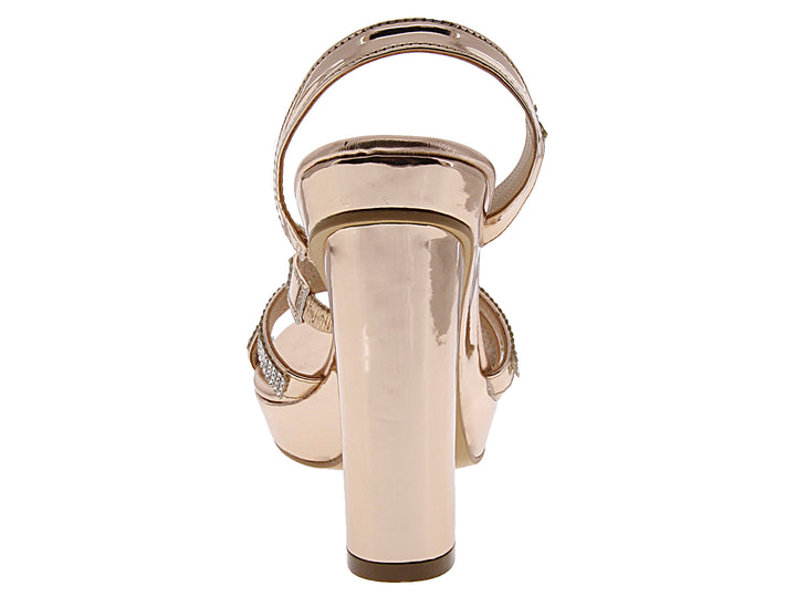 Sandalia de fiesta para mujer en color oro rosado con tacón bloque, plataforma y detalles de brillantes.