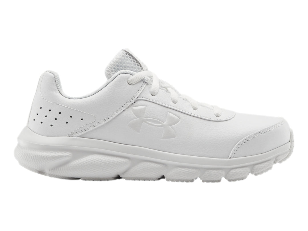 Tenis deportivos Under Armour de color blanco total con suela blanca y logotipo lateral.