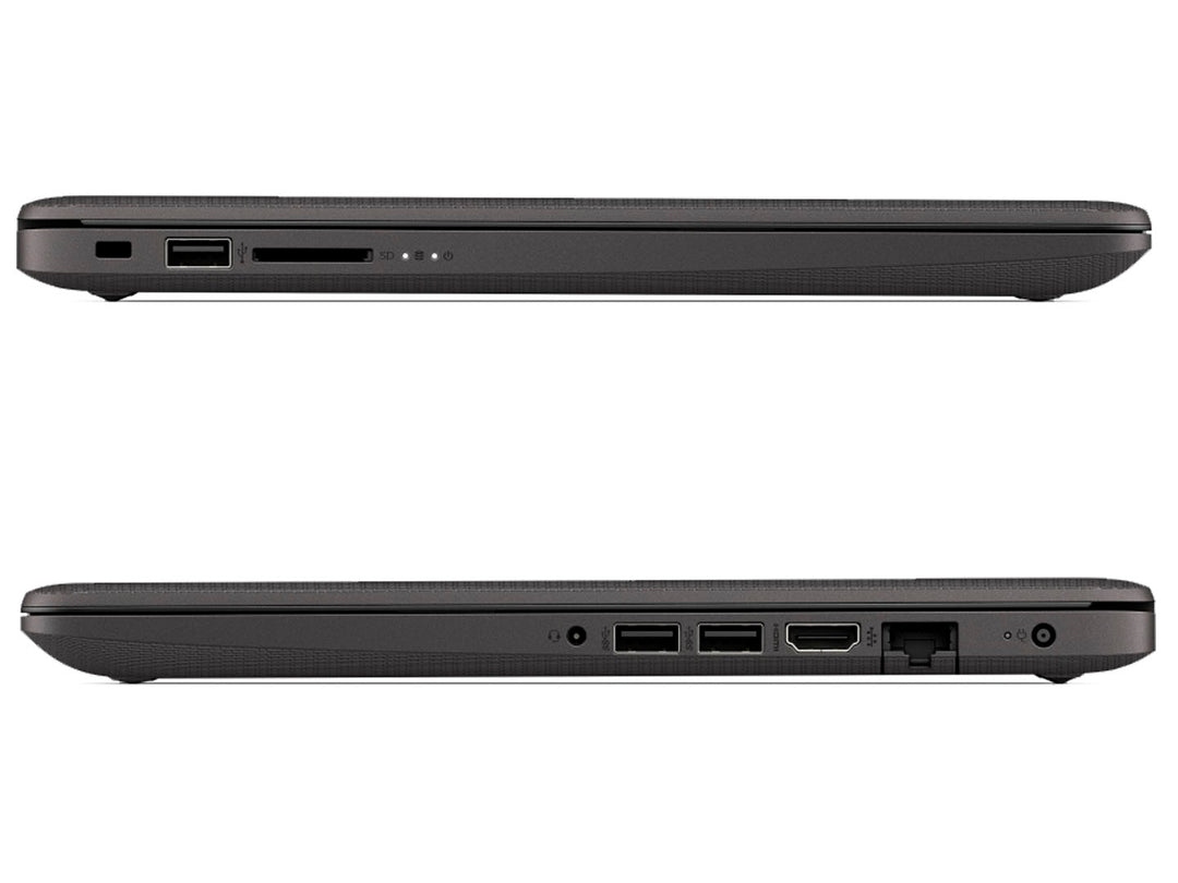 Laptop HP 245 G7 de color negro con pantalla encendida mostrando el escritorio de Windows.