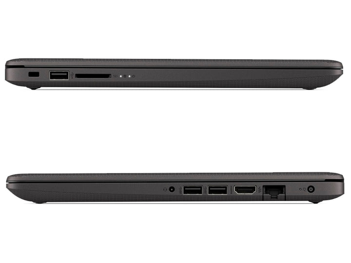 Laptop HP 245 G7 de color negro con pantalla encendida mostrando el escritorio de Windows.