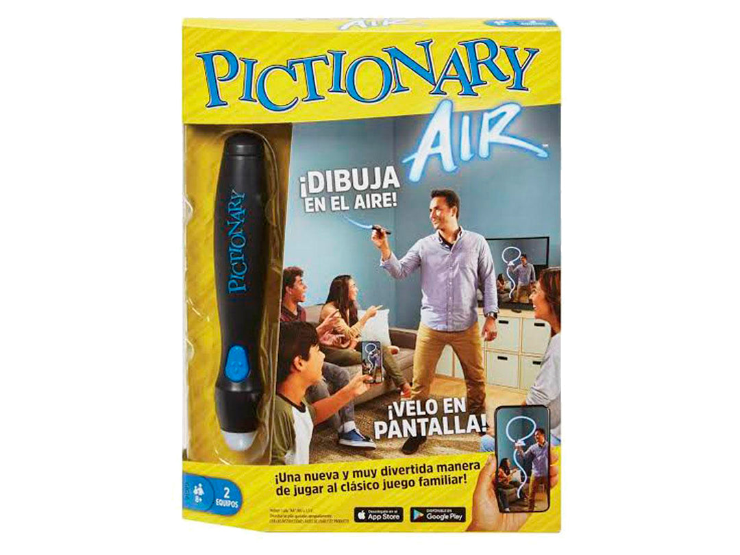 Empaque del juego Pictionary Air de Mattel que incluye un lápiz digital negro y muestra personas jugando.