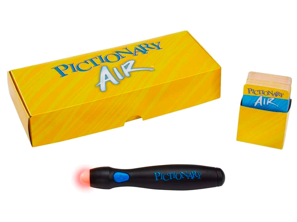 Empaque del juego Pictionary Air de Mattel que incluye un lápiz digital negro y muestra personas jugando.