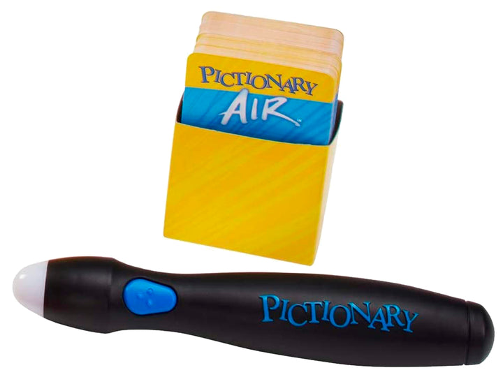 Empaque del juego Pictionary Air de Mattel que incluye un lápiz digital negro y muestra personas jugando.