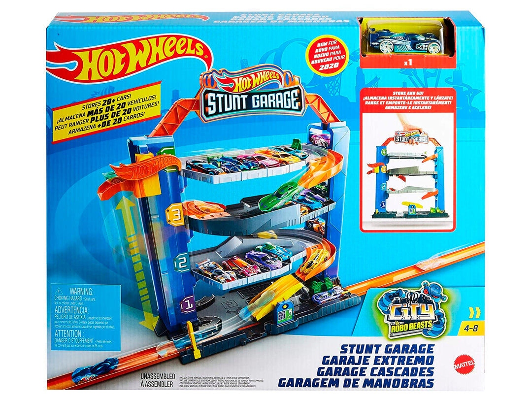 Set de juego Hot Wheels Stunt Garage con pista multinivel, rampas naranjas y un auto incluido en empaque original.