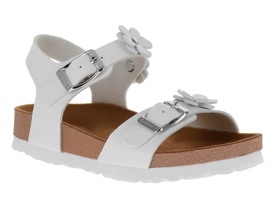 Sandalia blanca para niña con adornos de flores, hebillas metálicas y plantilla color corcho.