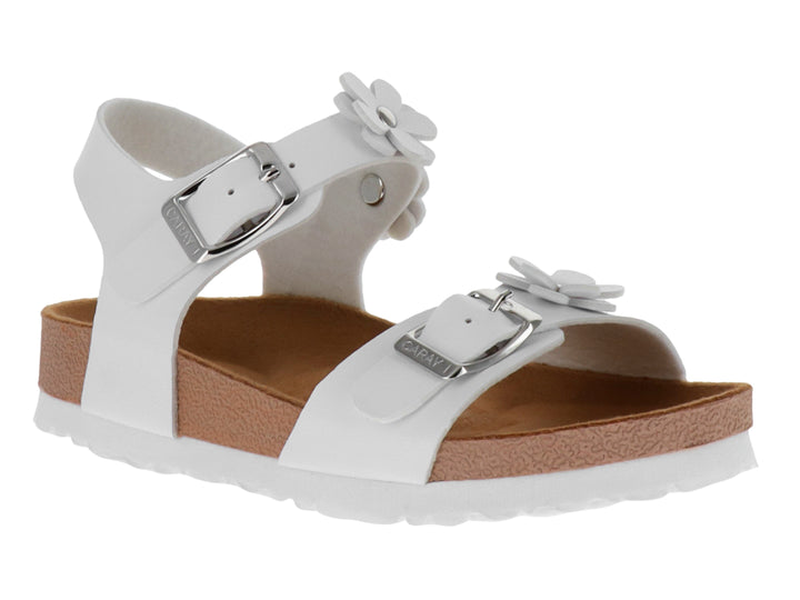 Sandalia blanca para niña con adornos de flores, hebillas metálicas y plantilla color corcho.