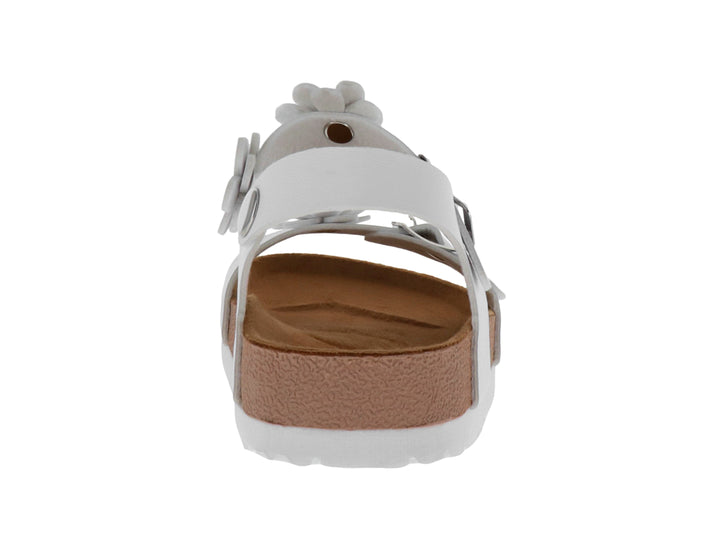Sandalia blanca para niña con adornos de flores, hebillas metálicas y plantilla color corcho.