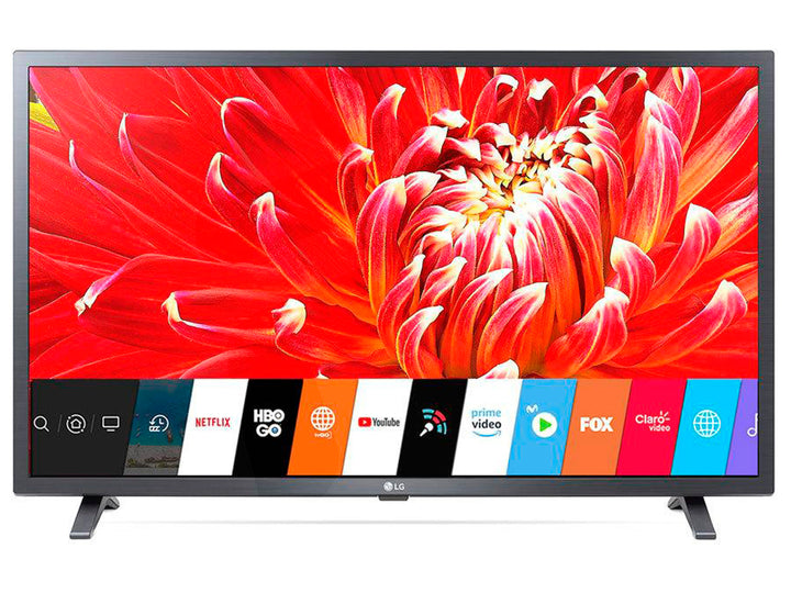 Televisor Smart TV LG de 32 pulgadas color negro con pantalla mostrando una flor roja y menú de aplicaciones.