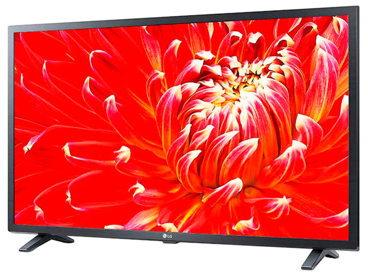 Televisor Smart TV LG de 32 pulgadas color negro con pantalla mostrando una flor roja y menú de aplicaciones.