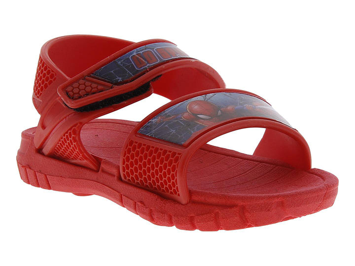 Sandalia roja para niño con diseño de Spider-Man y correas ajustables.