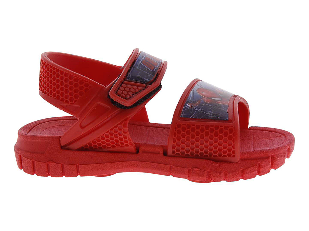 Sandalia roja para niño con diseño de Spider-Man y correas ajustables.