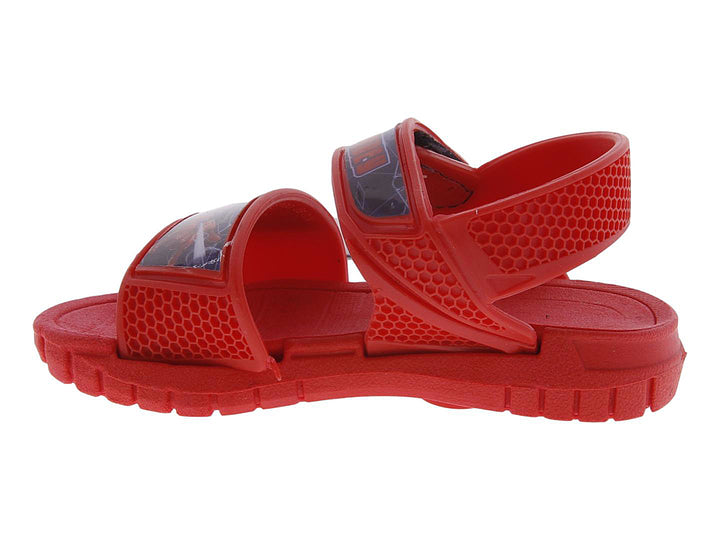 Sandalia roja para niño con diseño de Spider-Man y correas ajustables.