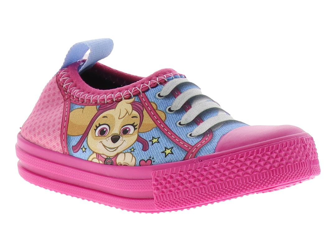 Tenis infantiles color rosa y azul con estampado de personaje y suela rosa texturizada.