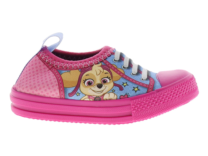 Tenis infantiles color rosa y azul con estampado de personaje y suela rosa texturizada.