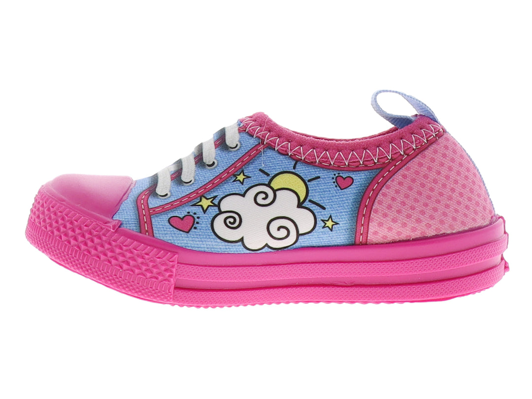 Tenis infantiles color rosa y azul con estampado de personaje y suela rosa texturizada.