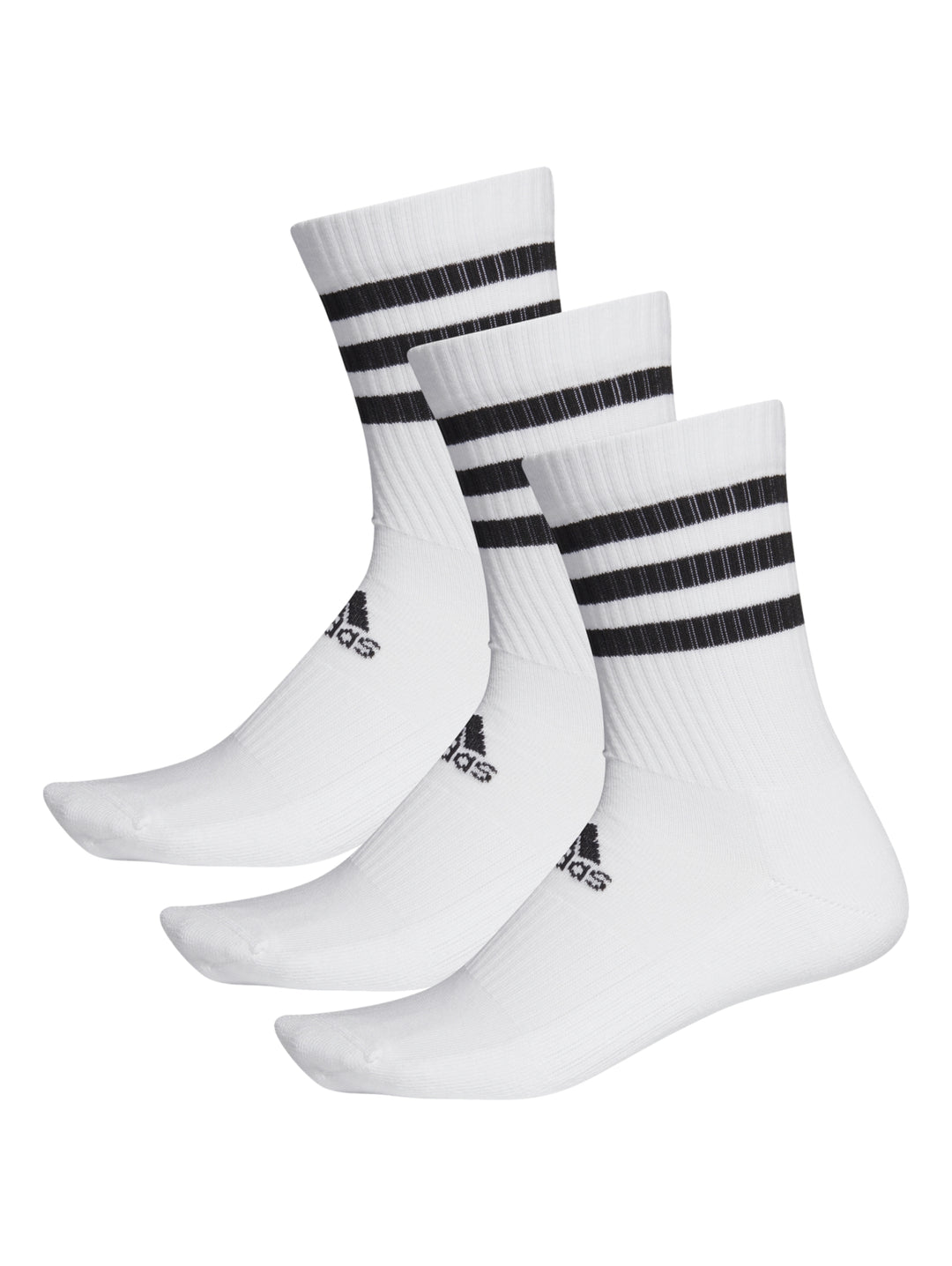 Set de tres calcetines blancos Adidas con tres franjas negras horizontales en la parte superior.