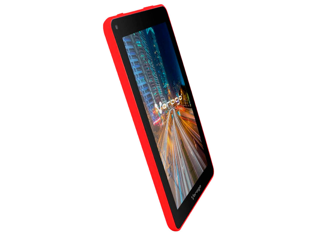 Tablet Vorago Pad 7 de color rojo con pantalla encendida mostrando una imagen urbana.