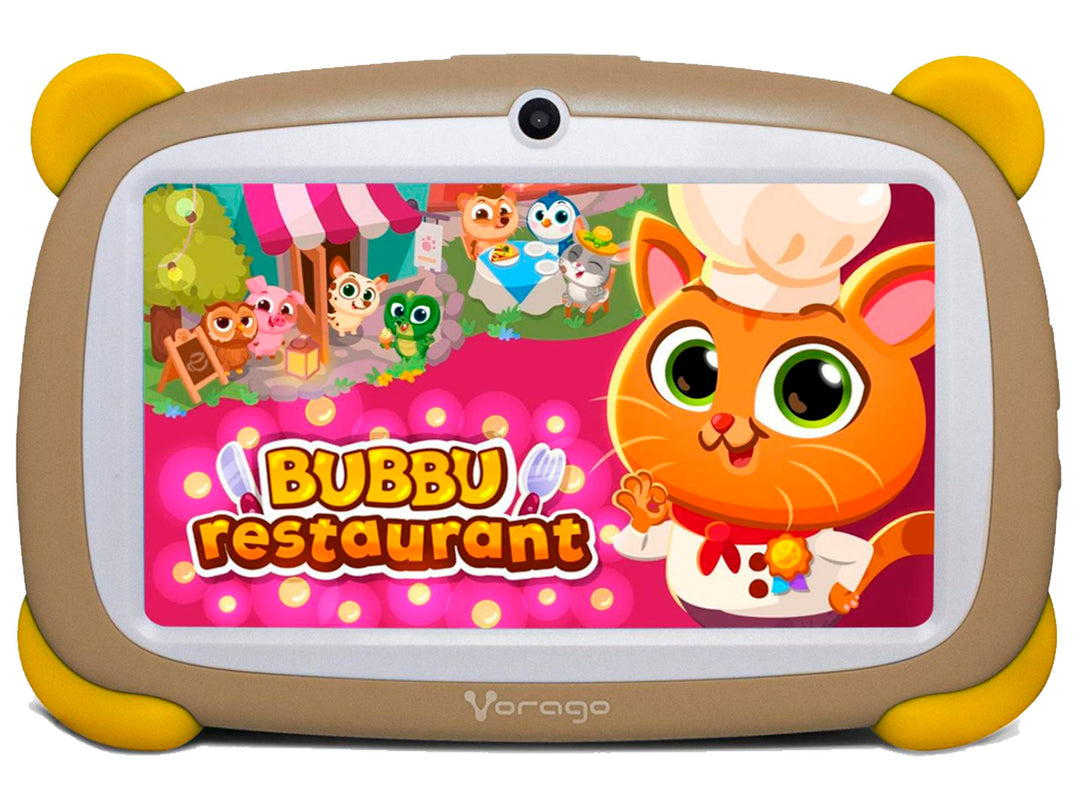 Tablet Vorago Pad 7 Kids en color café con protectores amarillos y pantalla encendida mostrando un juego infantil.