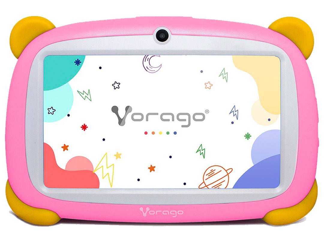 Tablet Vorago para niños en color rosa con protectores amarillos en las esquinas y marco blanco.