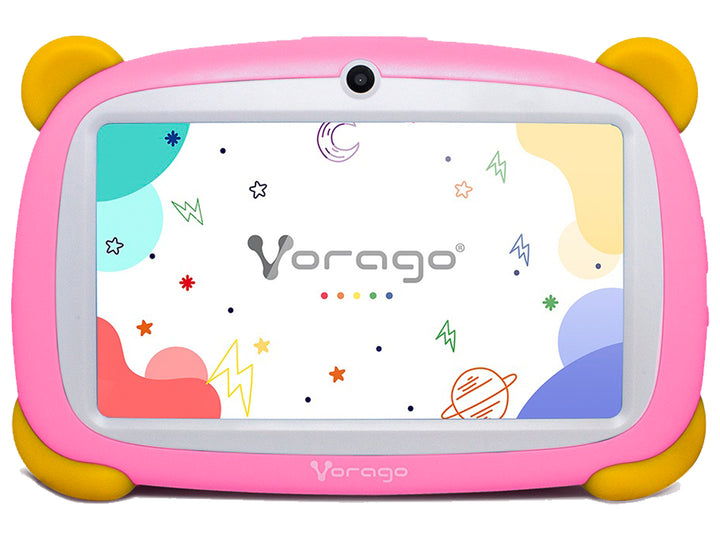 Tablet Vorago para niños en color rosa con protectores amarillos en las esquinas y marco blanco.