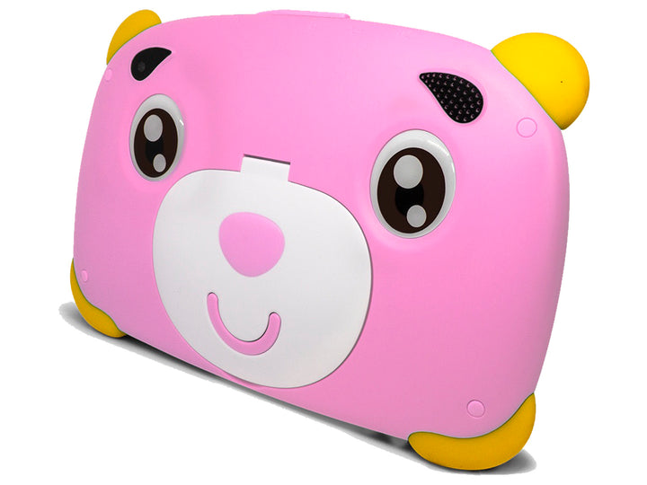 Tablet Vorago para niños en color rosa con protectores amarillos en las esquinas y marco blanco.