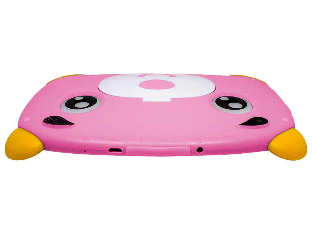 Tablet Vorago para niños en color rosa con protectores amarillos en las esquinas y marco blanco.
