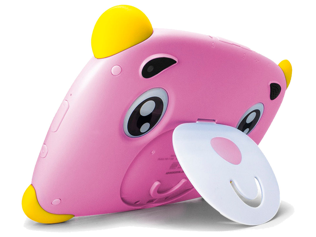 Tablet Vorago para niños en color rosa con protectores amarillos en las esquinas y marco blanco.