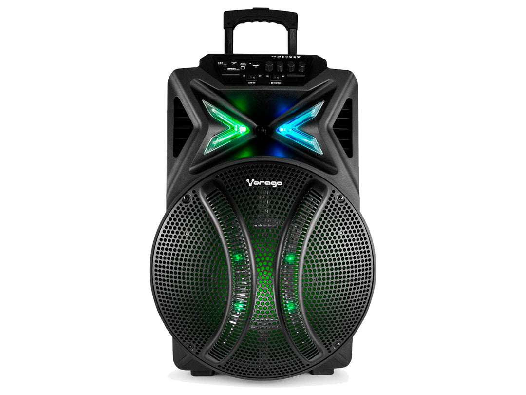 Bocina Vorago negra de 15 pulgadas con luces LED frontales multicolores y asa de transporte.