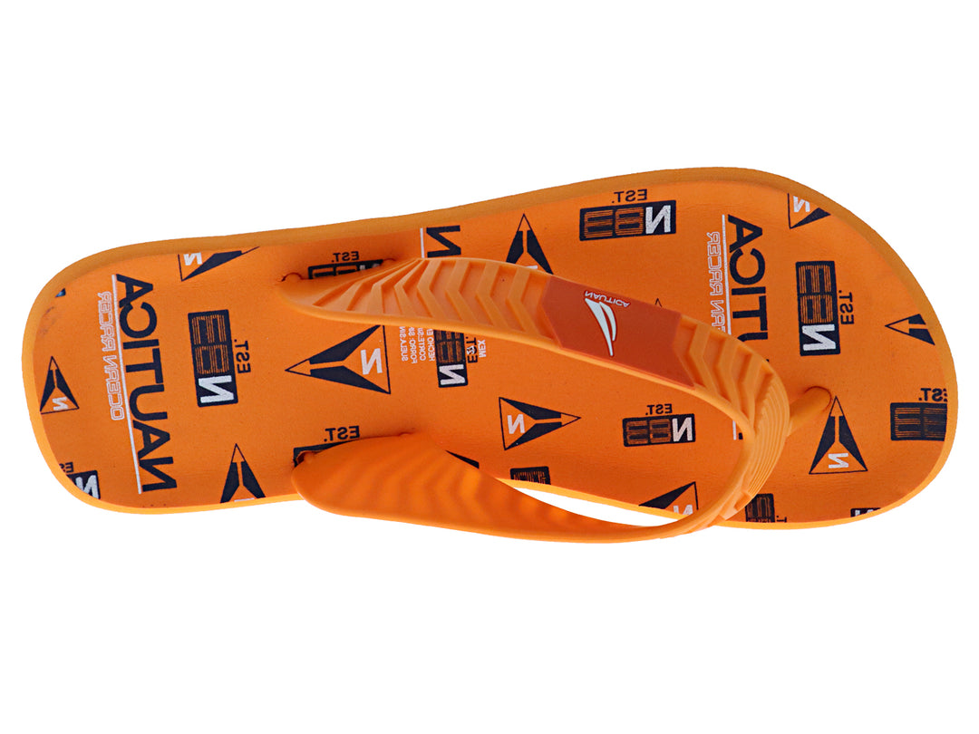 Sandalias de dedo marca Nautica en color naranja con una franja blanca en la suela.