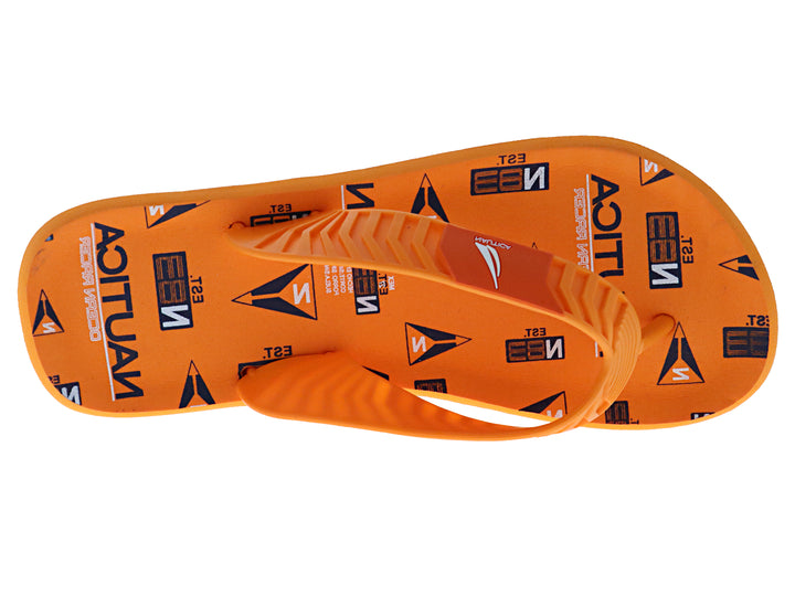 Sandalias de dedo marca Nautica en color naranja con una franja blanca en la suela.