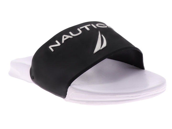 Sandalias tipo slide Nautica con correa negra y suela blanca.