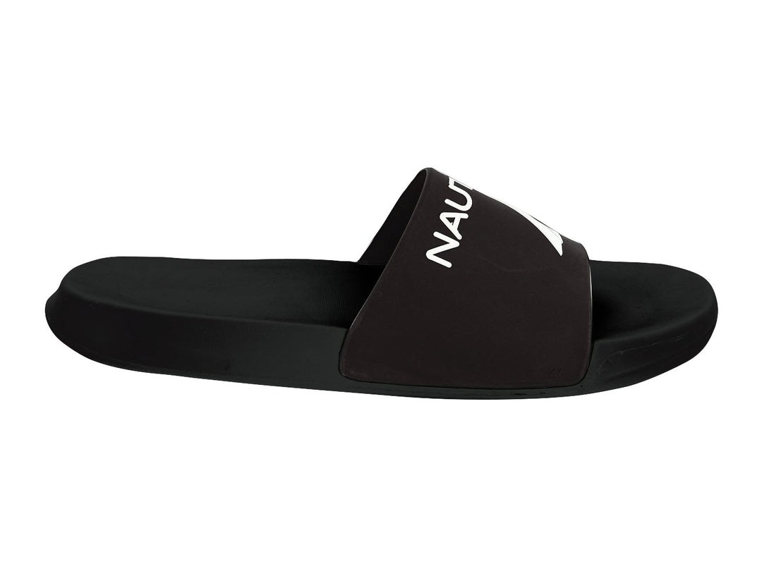 Sandalia deslizante Nautica de color negro con logotipo blanco en la banda superior.