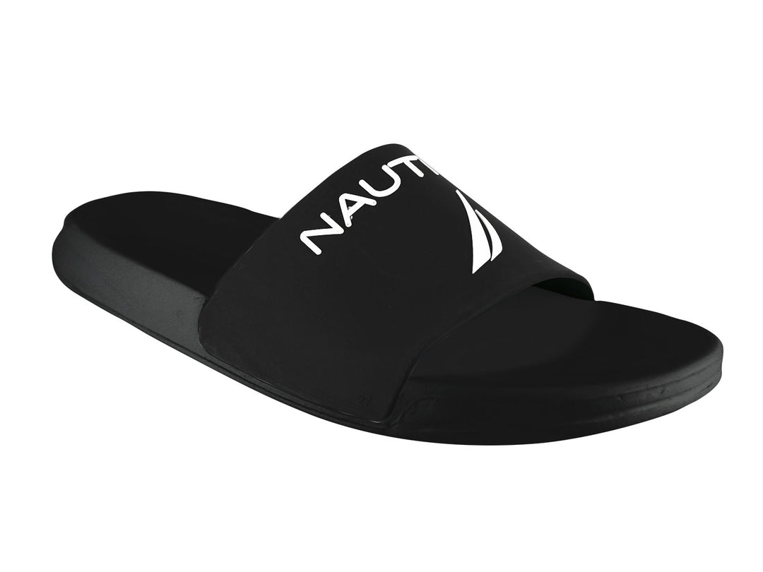 Sandalia deslizante Nautica de color negro con logotipo blanco en la banda superior.