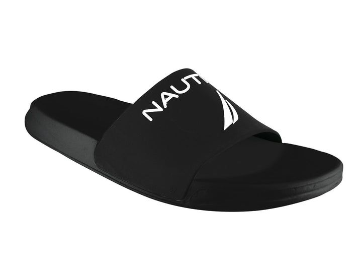 Sandalia deslizante Nautica de color negro con logotipo blanco en la banda superior.