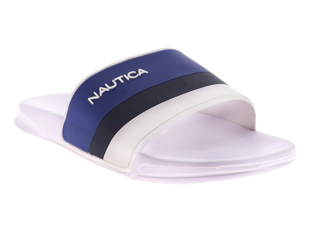 Sandalias Nautica tipo slide en colores blanco y azul marino con logotipo blanco en la correa.