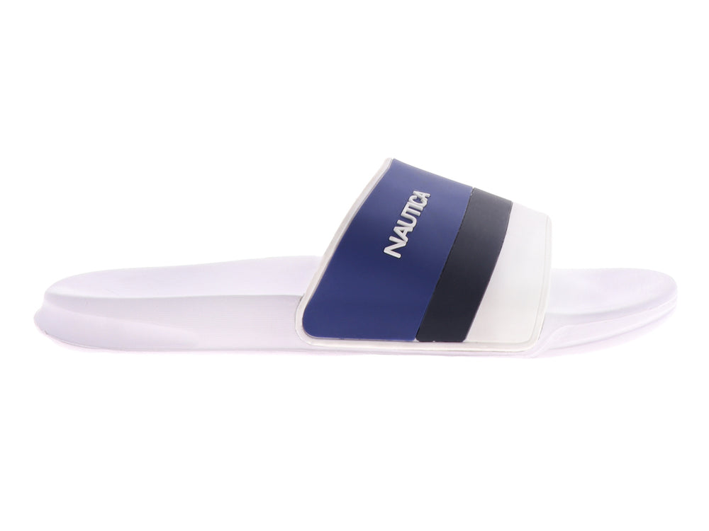 Sandalias Nautica tipo slide en colores blanco y azul marino con logotipo blanco en la correa.