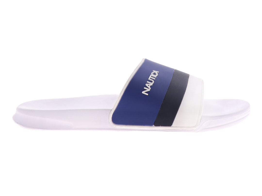 Sandalias Nautica tipo slide en colores blanco y azul marino con logotipo blanco en la correa.