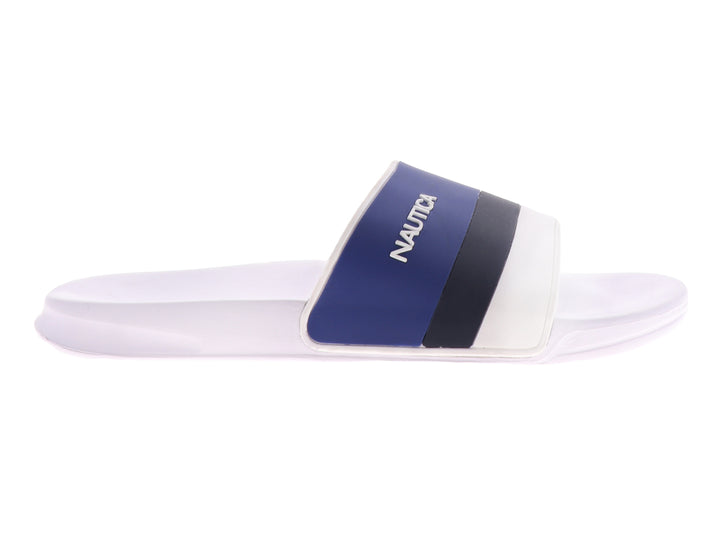 Sandalias Nautica tipo slide en colores blanco y azul marino con logotipo blanco en la correa.