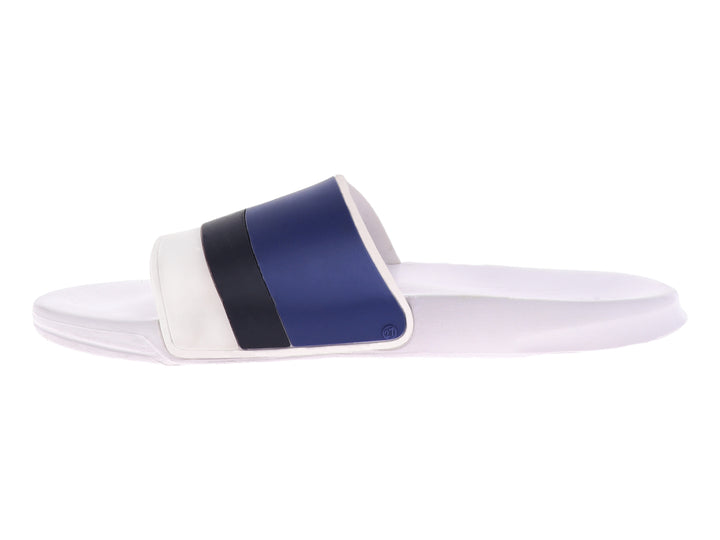 Sandalias Nautica tipo slide en colores blanco y azul marino con logotipo blanco en la correa.