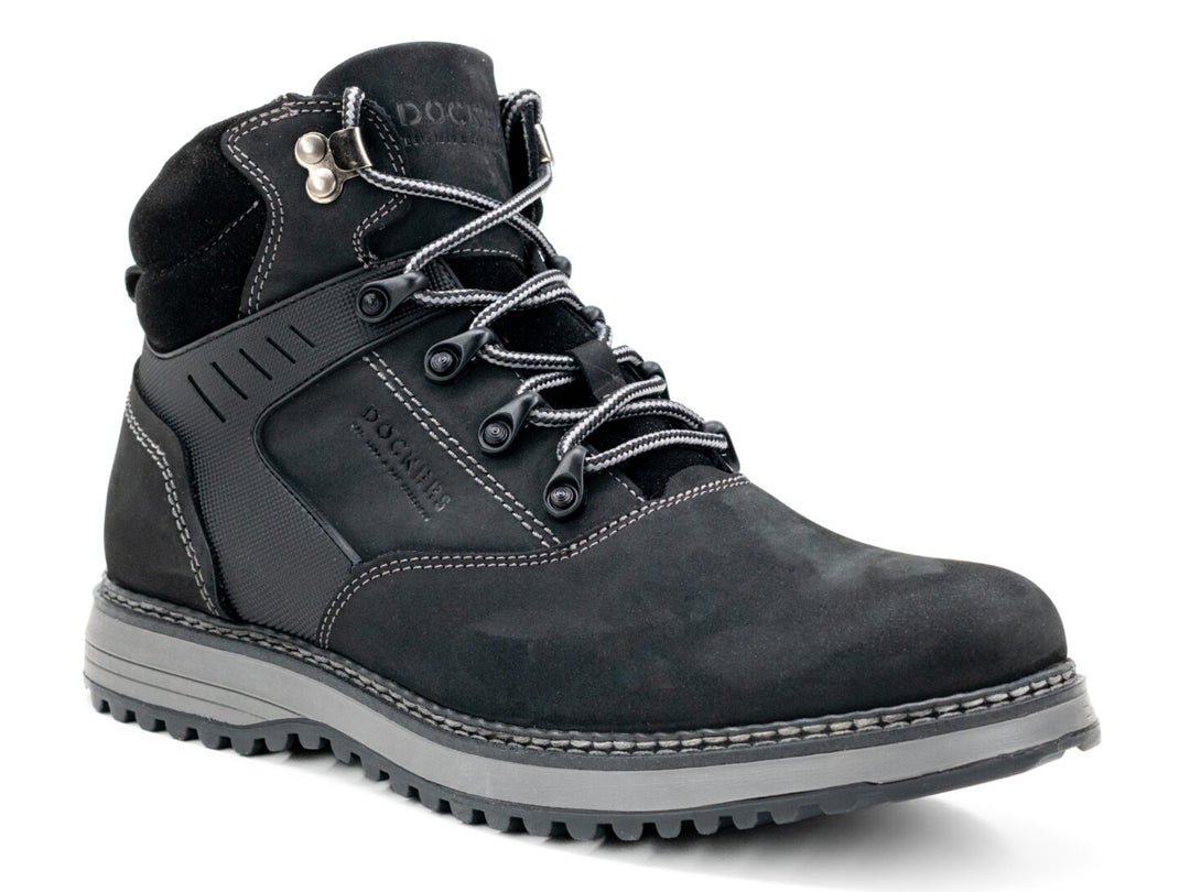 Botas Dockers Nebraska para hombre en color negro con suela gris y cordones.