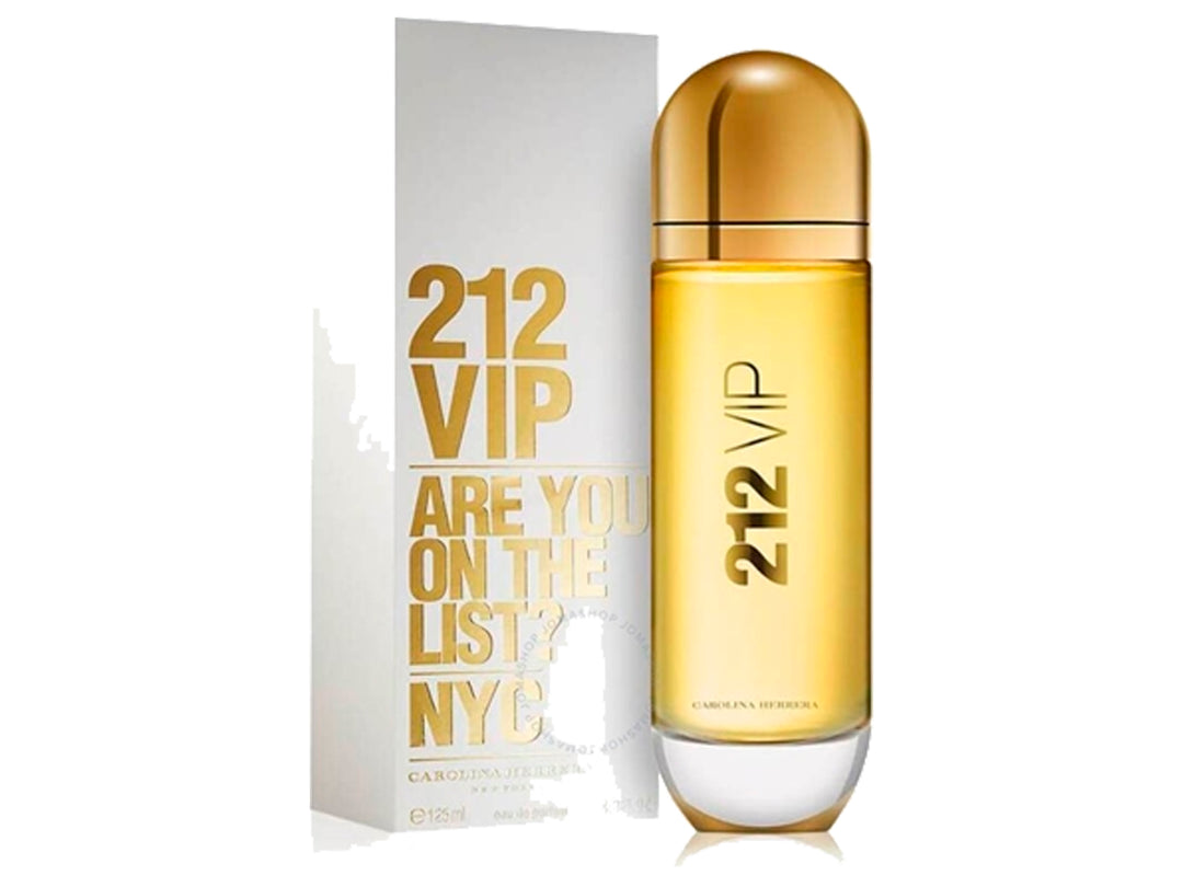 Perfume Carolina Herrera 212 VIP para mujer en frasco dorado y caja blanca.