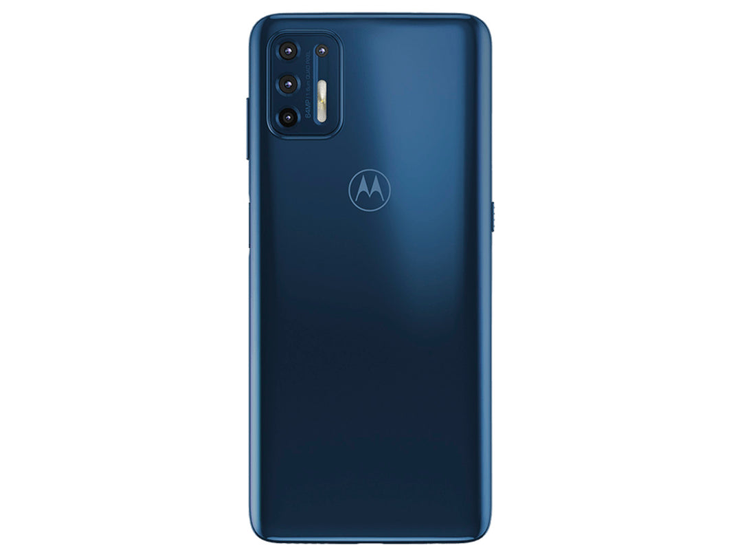 Teléfono inteligente Motorola G9+ en color azul, vista frontal y trasera sobre fondo blanco.