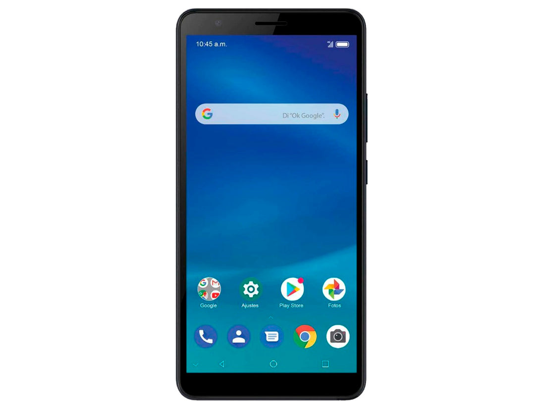 Teléfono inteligente ZTE Blade L210 en color negro con pantalla encendida mostrando interfaz de Android.