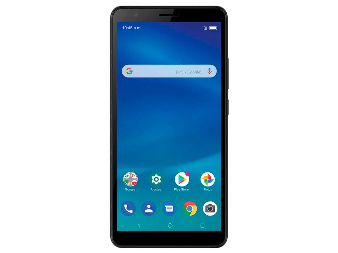 Teléfono inteligente ZTE Blade L210 en color negro con pantalla encendida mostrando la interfaz de Android.
