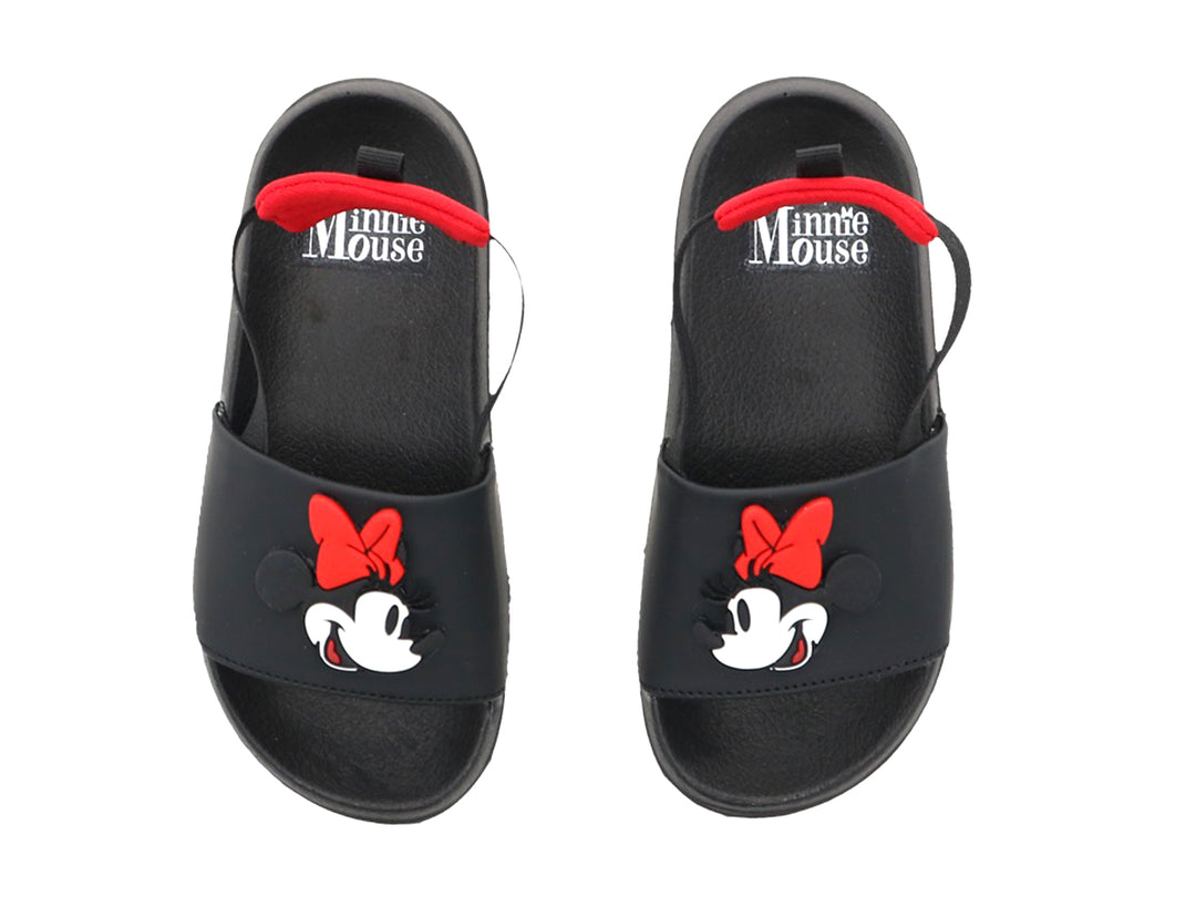 Sandalias negras para Niña con diseño de Minnie Mouse y detalles en rojo.