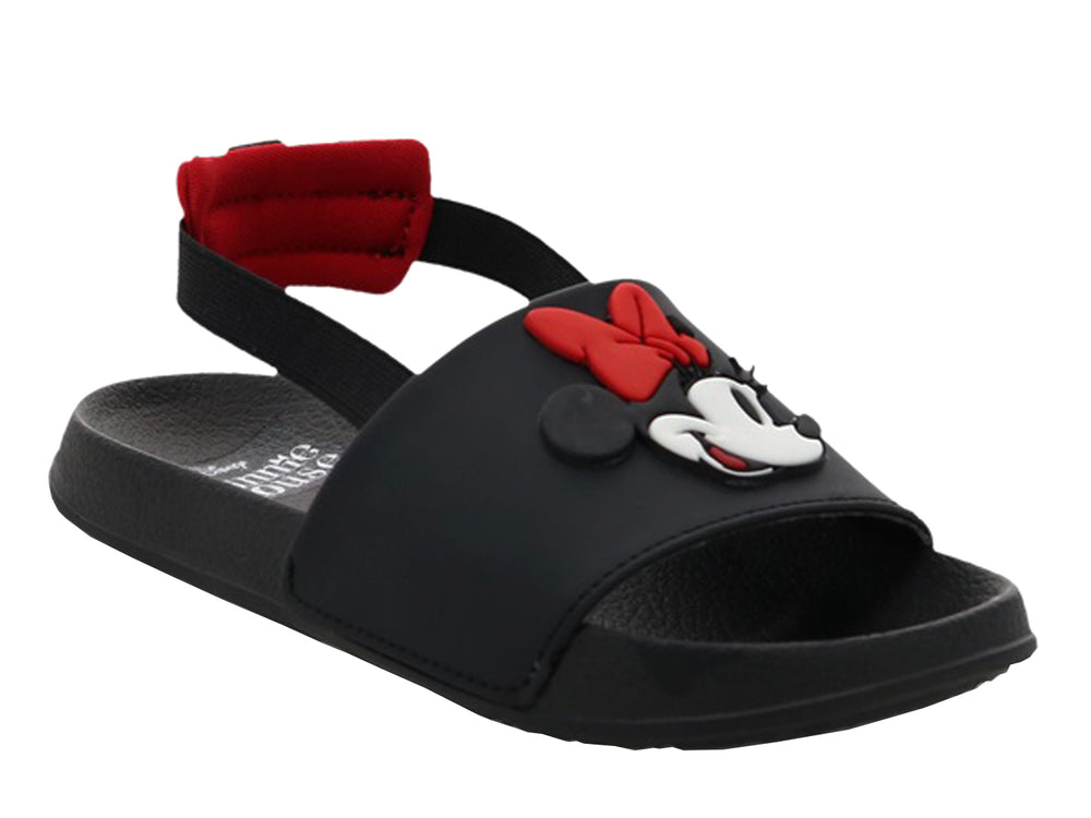 Sandalias negras para Niña con diseño de Minnie Mouse y detalles en rojo.