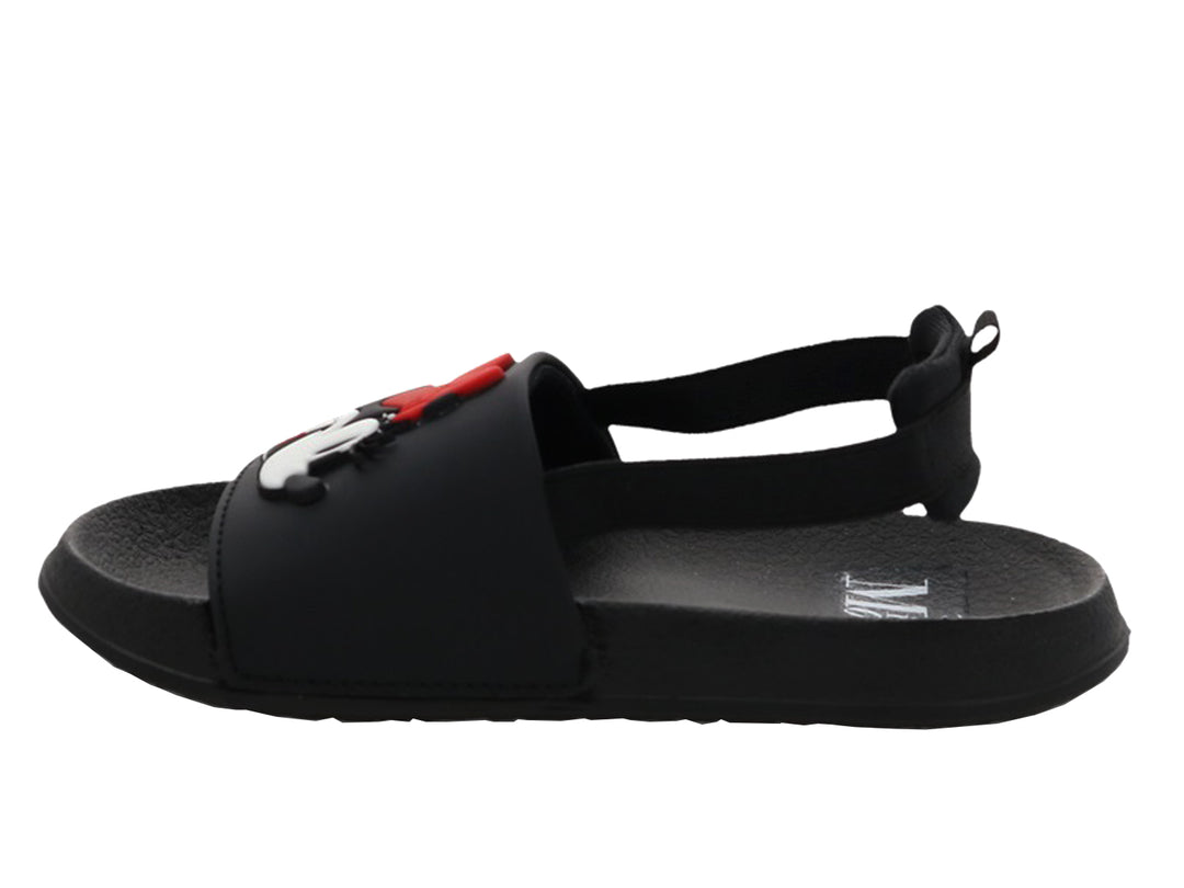 Sandalias negras para Niña con diseño de Minnie Mouse y detalles en rojo.