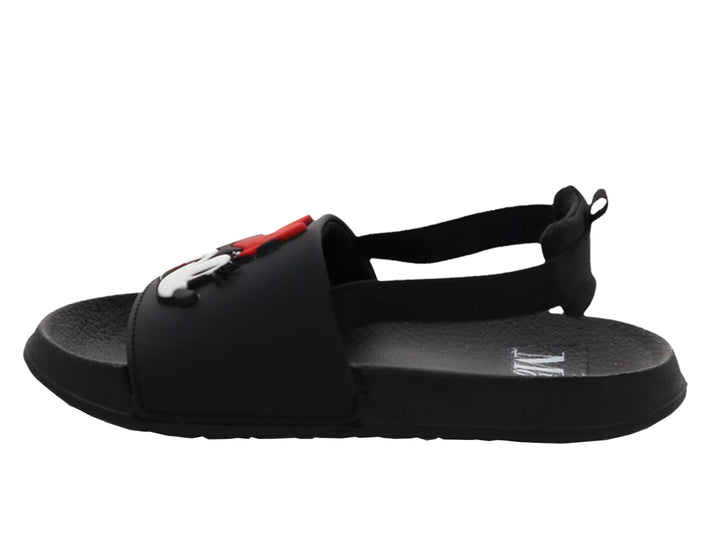 Sandalias negras para Niña con diseño de Minnie Mouse y detalles en rojo.