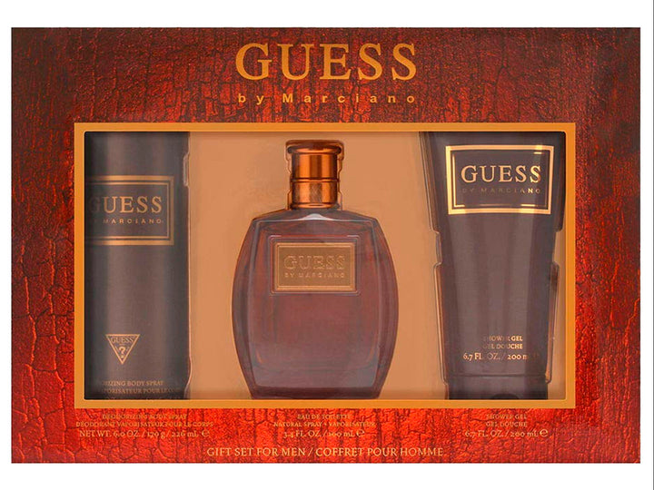 Set de regalo de perfumería Guess by Marciano para Hombre que incluye fragancia, gel de ducha y spray corporal.